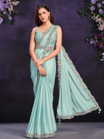 Sky Blue Crepe Satin Silk Ready To Wear Saree